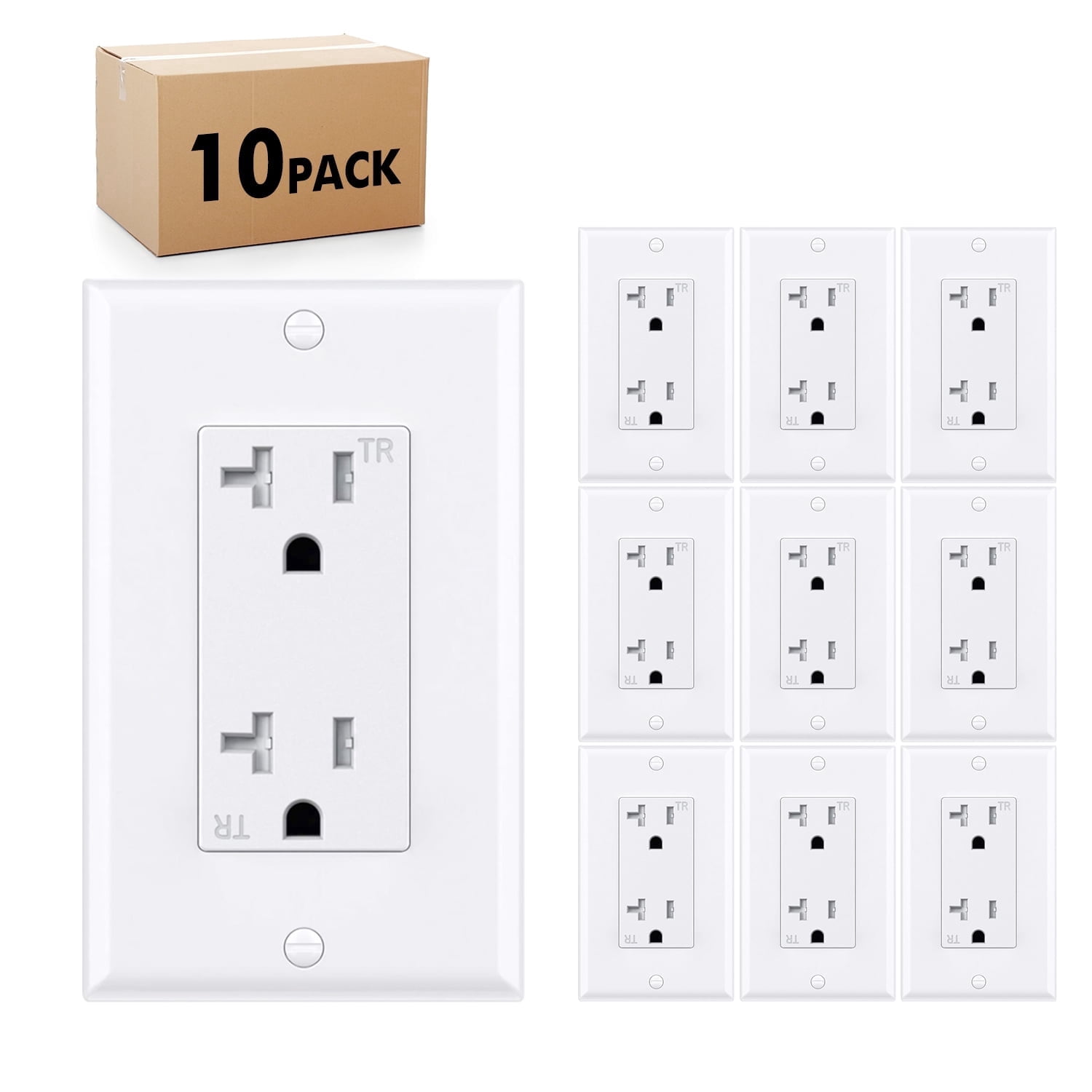 KYascend Outlet Socket, Decorator Receptacle, 20 Amp 125 Volt, Tamper Resistant, Grounding UL Listed White with Wall Plates 10 pack