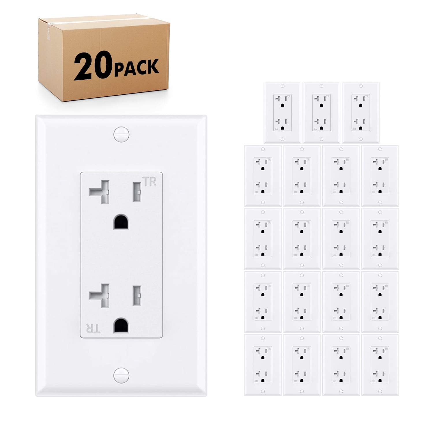 KYascend Outlet Socket, Decorator Receptacle, 20 Amp 125 Volt, Tamper Resistant, Grounding UL Listed White with Wall Plates 20pack