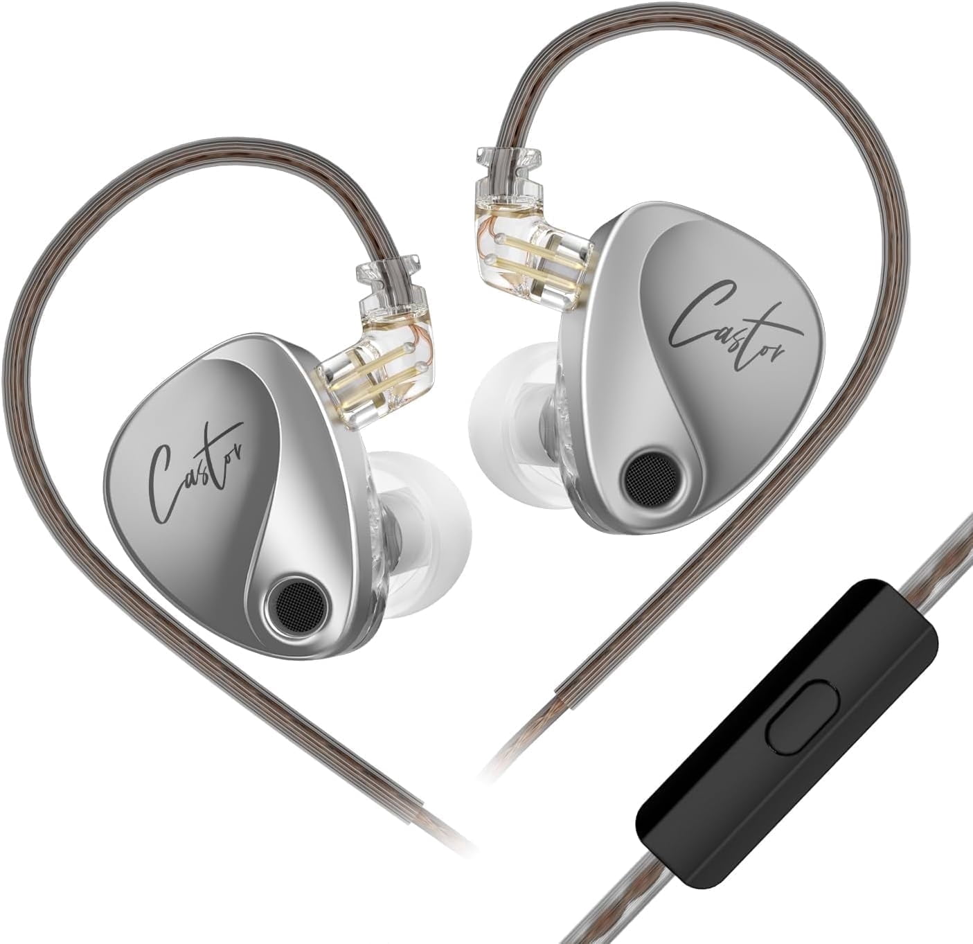 KZ Castor IEM Earphones Wired Earbuds,2DD Tuning Adjustable Dual-Driver Supper Bass Wired Headphones, Harman Target Version Monitor Headphones (Silver, with Mic)