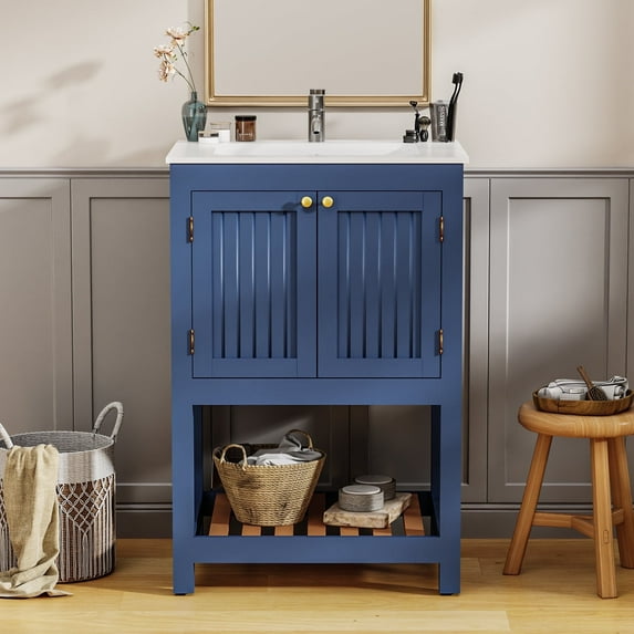 KZElegy 24" Bathroom Vanity with Ceramic Sink Freestanding Bathroom Storage Cabinet with 2 Soft-closing Door and Open Shelf,Blue