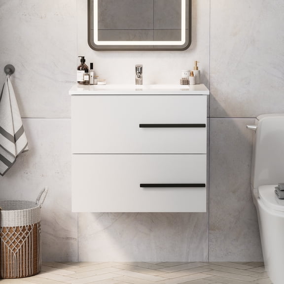 KZElegy 24" Floating Bathroom Vanity with Sink with 2 Fluted Drawers - Modern Wall Mounted Storage Vanity Cabinet, Black Metal Handles,White