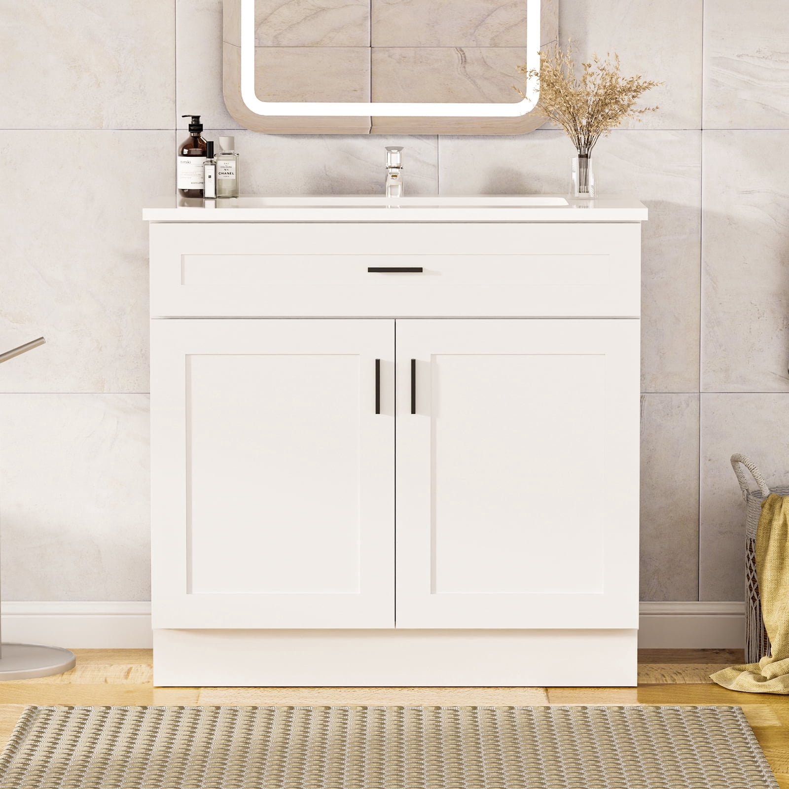 KZElegy 36" Bathroom Vanity with Top Freestanding Bathroom Vanity Set with Ceramic Sink,Farmhouse Bathroom Vanity Cabinet,White
