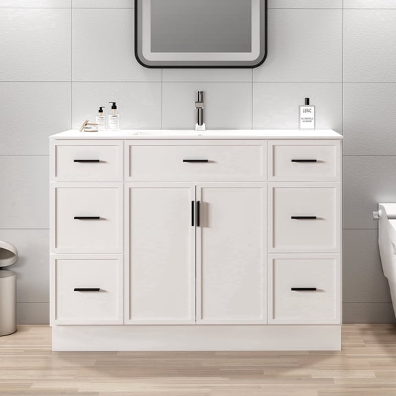KZElegy 48" Bathroom Vanity Ceramic Sink Freestanding Bathroom Vanity with Sink Combo,with Drawers and Double doors,White