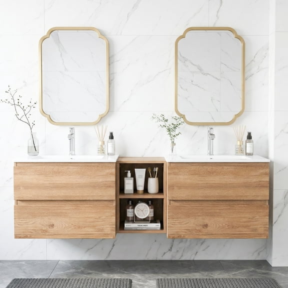 KZElegy 60" Wall Mounted Double Bathroom Vanity Modular Combo,2 Separate 24inch MDF Vanity Sink Cabinet and 12" Connecting Storage Cabinet,Soft Close Drawer,Nature