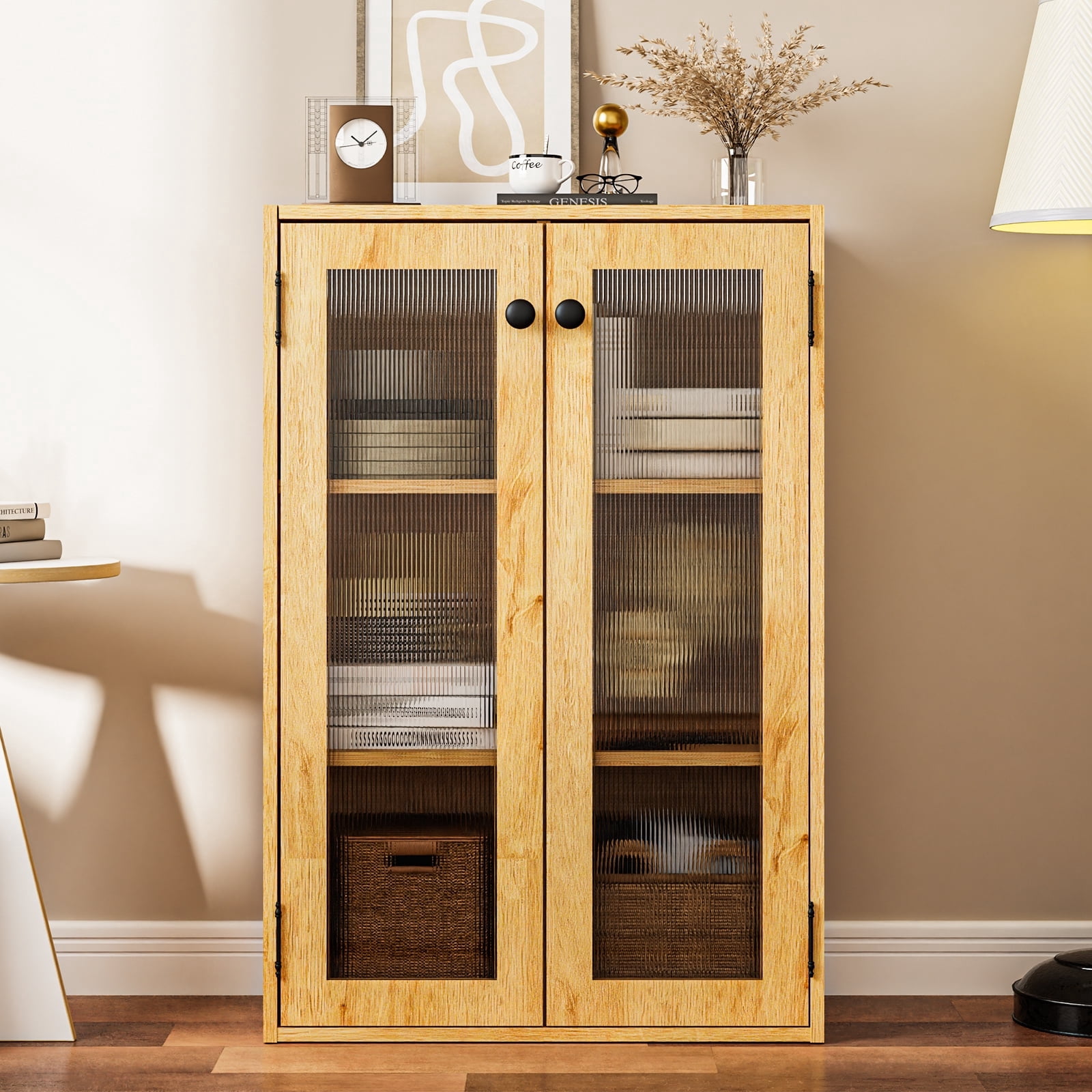 KZElegy Glass Door Display Storage Cabinet 6 Cube Organizer Shelf,Bookcase 3-Tier Shelf for Home Office Living Room,Brown