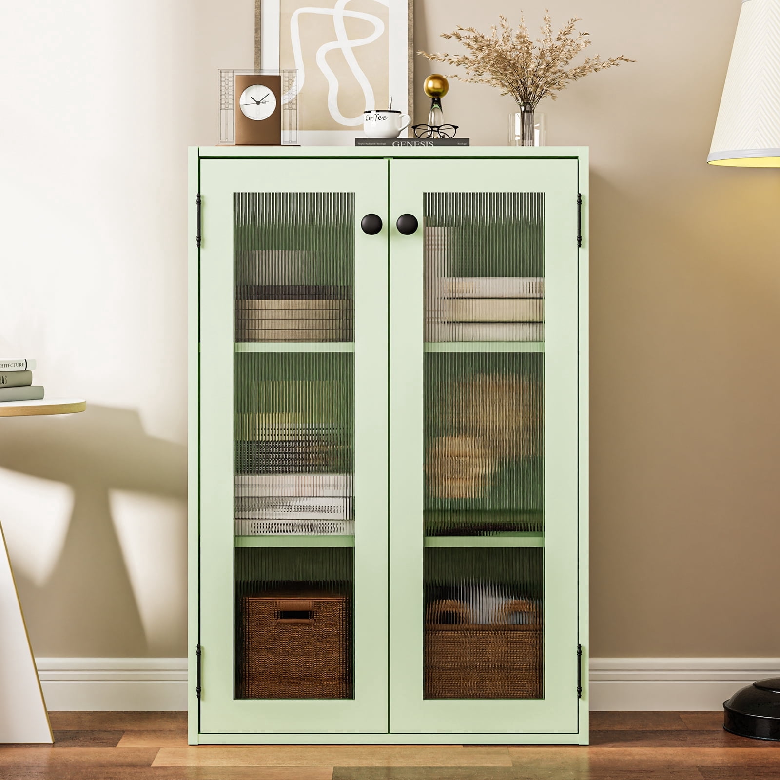 KZElegy Storage Cabinet 6 Cube Shelf with Glass Door ,Wall Mount or Freestangd Cabinet With Doors,11" Cube,Green