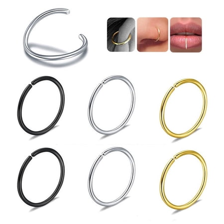 KZKR 6 PCS Non Pierced Stainless Steel Clip on Closure Round Ring, 8mm Fake Hoop Lips Ear Ring Non Piercing Swirl Septum Nose Ring