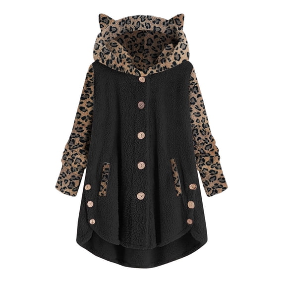 KZKR Fleece Jacket for Women's Leopard Print Pullover Hoodie Cat Ear Sweatshirt Coat Top with Pocket Fall Warm