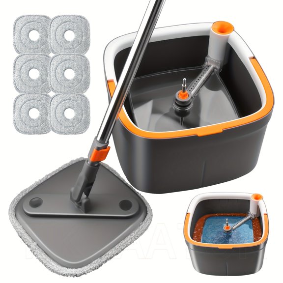 KZKR Spin Square Mop Square Spin Mop and Bucket Set, with Dirty/Clean Water Separation System, Self Rotating Mop-Head for Hardwood Tile Marble Floors with 2/6pcs Mop