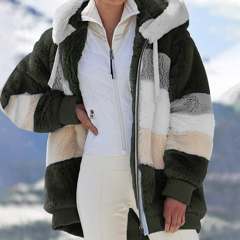 KZKR Winter Plush Coat for Women Color Block Long Sleeve Cardigan