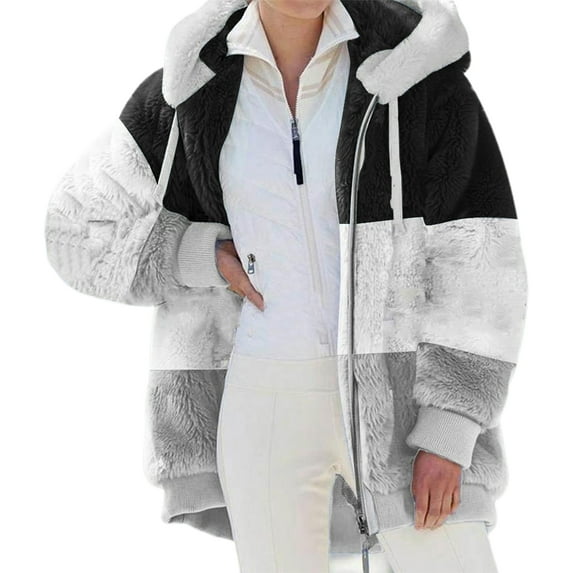 Winter Plush Coat for Women Color Block Long Sleeve Cardigan Casual Loose Fit Hooded Jacket Cover Ups Clothes