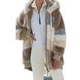 thumbnail image 1 of Winter Plush Coat for Women Color Block Long Sleeve Cardigan Casual Loose Fit Hooded Jacket Cover Ups Clothes, 1 of 2