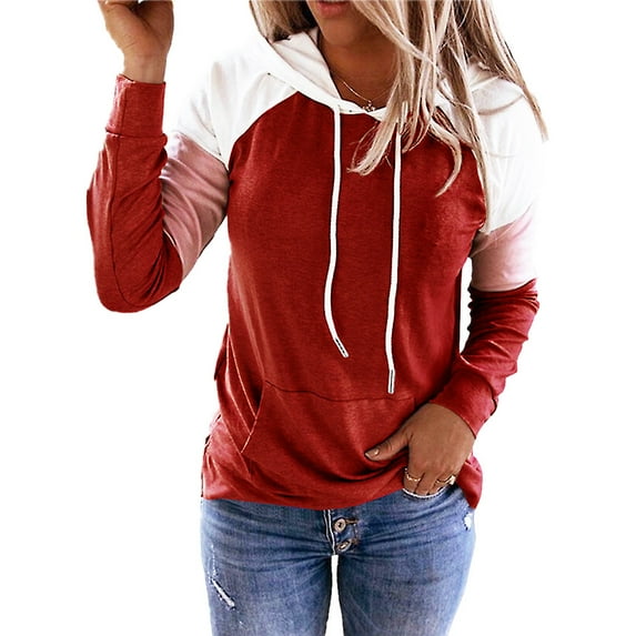 KZKR Women Color Block Hoodie Long Sleeve Casual Sweatshirt Drawstring Hooded Sweatshirts with Pocket