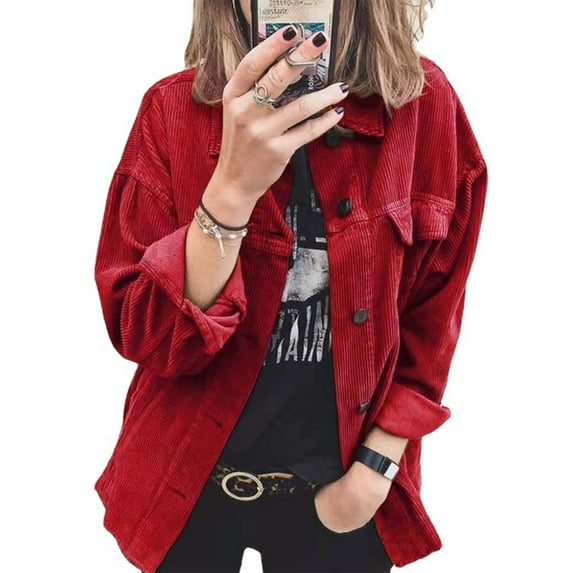 KZKR Women Corduroy Shacket Shirt Long Sleeve Button Down Shirt Oversized Jacket Tops