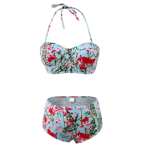 KZKR Women High Waist Bikini Set Vintage Floral Print Front Knot Side Bandage Two Piece Swimsuit Beachwear