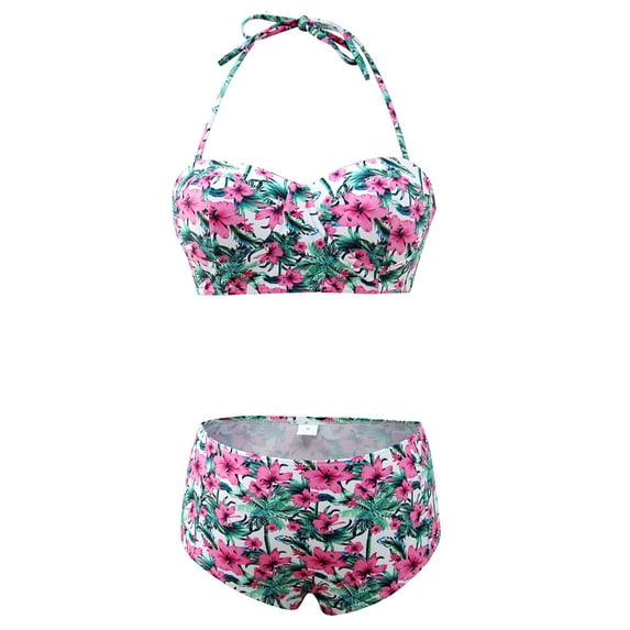 KZKR Women High Waist Bikini Set Vintage Floral Print Front Knot Side Bandage Two Piece Swimsuit Beachwear