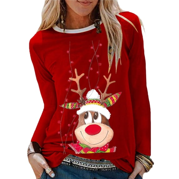KZKR Women Long Sleeve Shirt, Christmas Elk Pattern T Shirt Lightweight and Breathable Women Tops Red