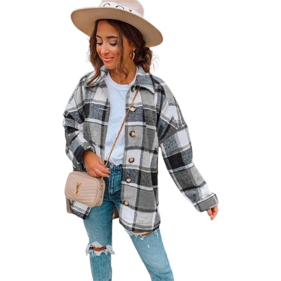 KZKR Women's Casual Plaid Wool Blend Button Down Long Sleeve Shirt Jacket Shackets