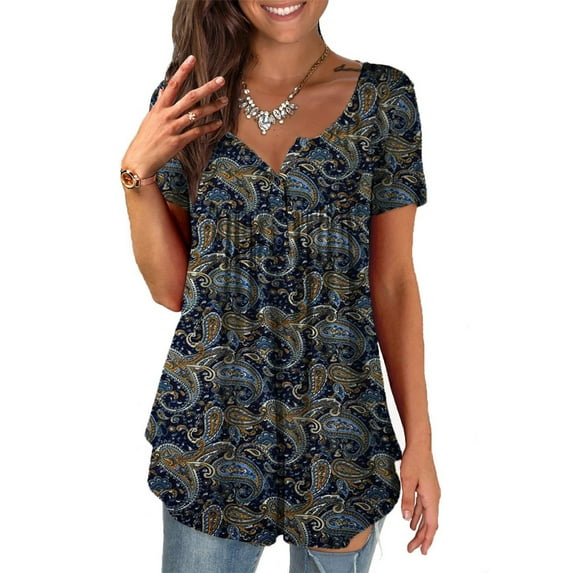 KZKR Women's Floral Printed Henley Short Sleeve V Neck T-Shirt Pleated Casual Flowy Tunic Shirt Blouse Tops for Women