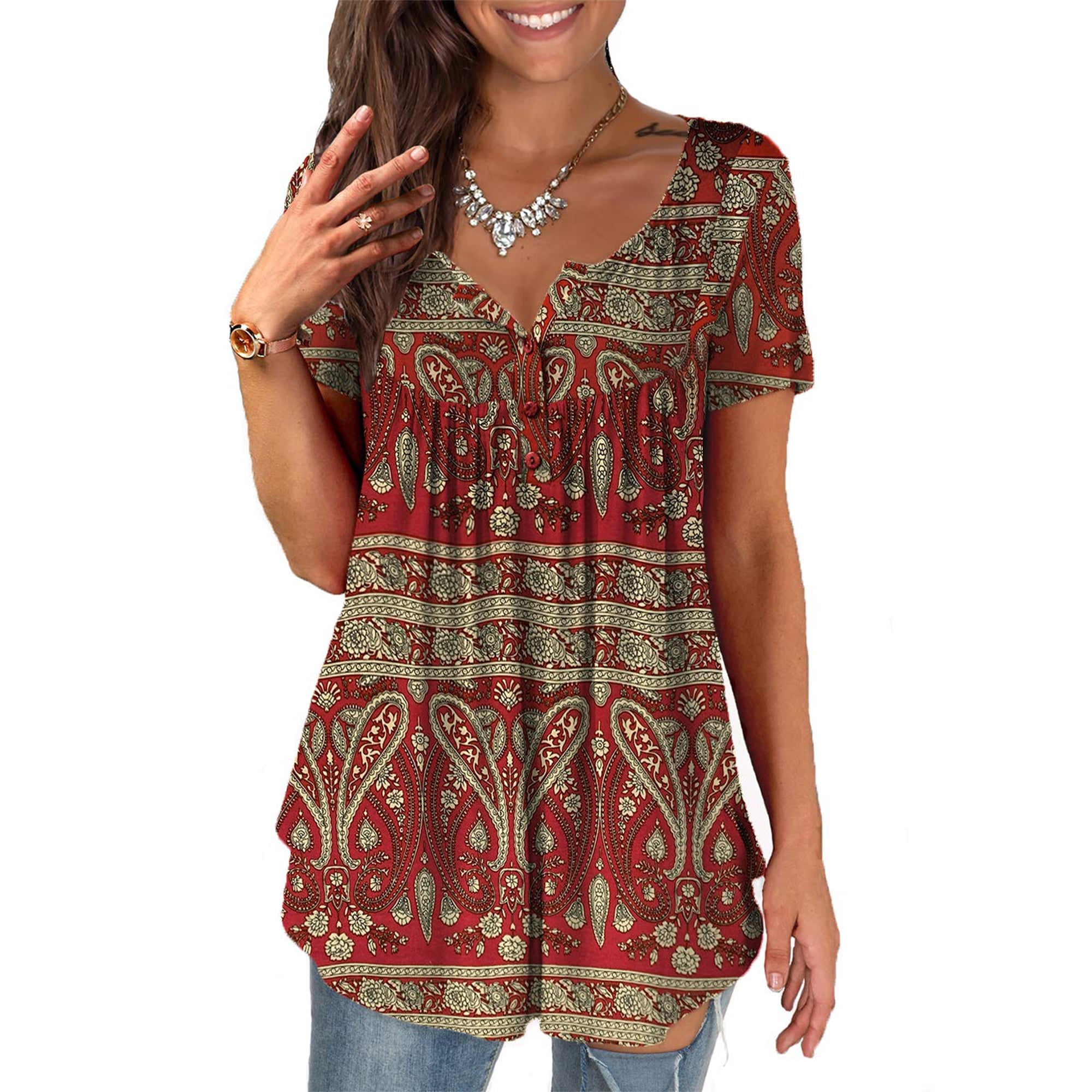KZKR Women's Floral Printed Henley Short Sleeve V Neck T-Shirt Pleated ...
