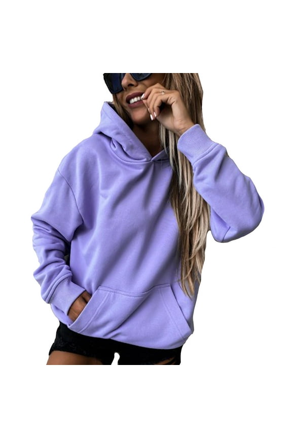 Women' s Hoodie Solid Color Long Sleeve Blouse Tops Pullover Casual Loose Sweatshirt with Pocket