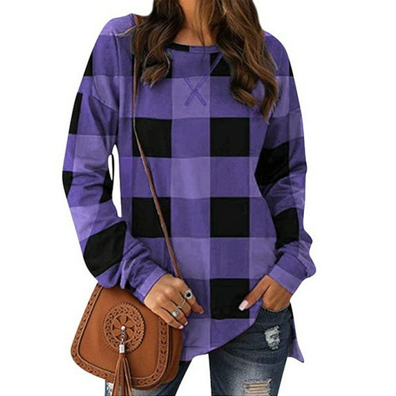KZKR Women's Round Neck Pullover Long Sleeve Casual Loose Shirt Plaid Printed Curved Hem Slit Top