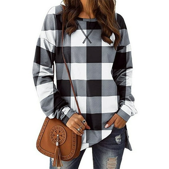 KZKR Women's Round Neck Pullover Long Sleeve Casual Loose Shirt Plaid Printed Curved Hem Slit Top