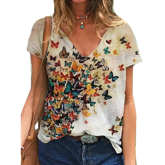 KZKR Women's V Neck T-Shirts Short Sleeve Colorful Butterfly Tees Summer Casual Tops
