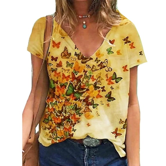 KZKR Women's V Neck T-Shirts Short Sleeve Colorful Butterfly Tees Summer Casual Tops