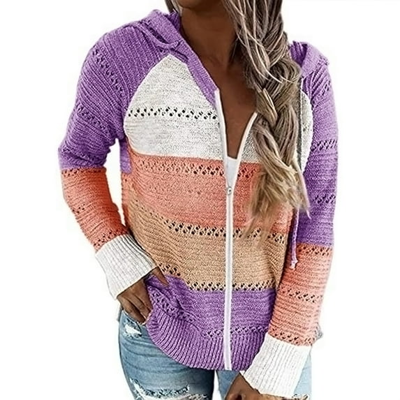 KZKR Women's Zipper Hooded Sweater Striped Color Combination Hollow Loose Sweater Femme Casual plus Size