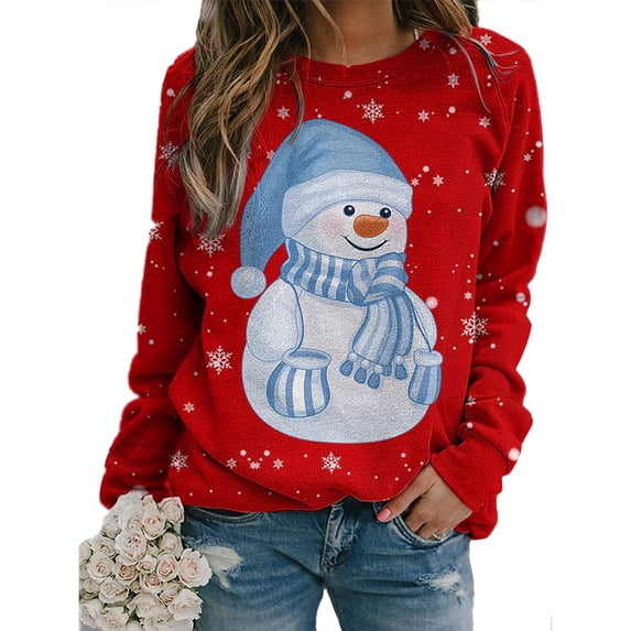 KZKR Womens Christmas Crewneck Long Sleeve Sweater, Cute Snowman Printing Tops Loose Casual Pullover