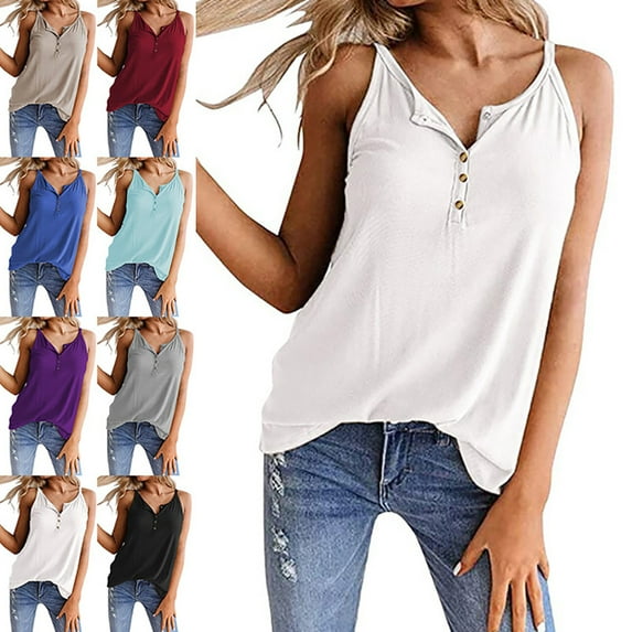 KZKR Womens Spaghetti Strap Workout Tank Tops V Neck Loose Fit Button Down Sleeveless Henley Shirts
