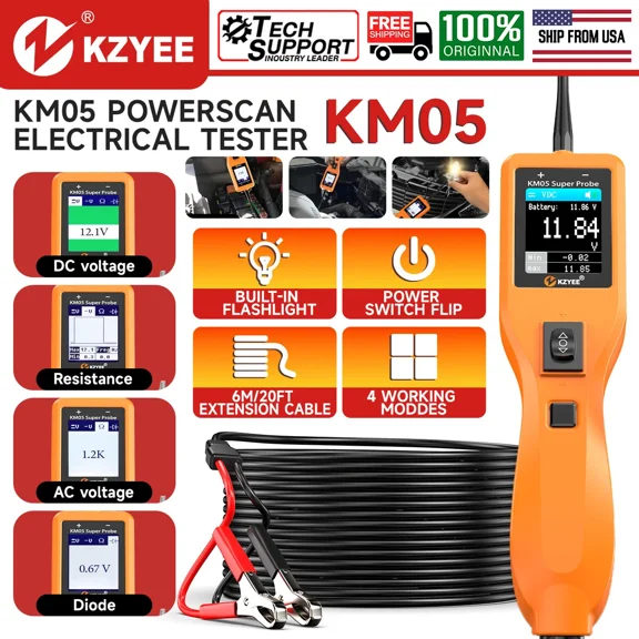 KZYEE KM05 12V 24V Automotive Circuit Tester Power Probe Kit Car Circuit Tester Inspection Tool Electrical System Mechanical Works Diagnostic Tool AC/DC Power Circuit Probe Kit