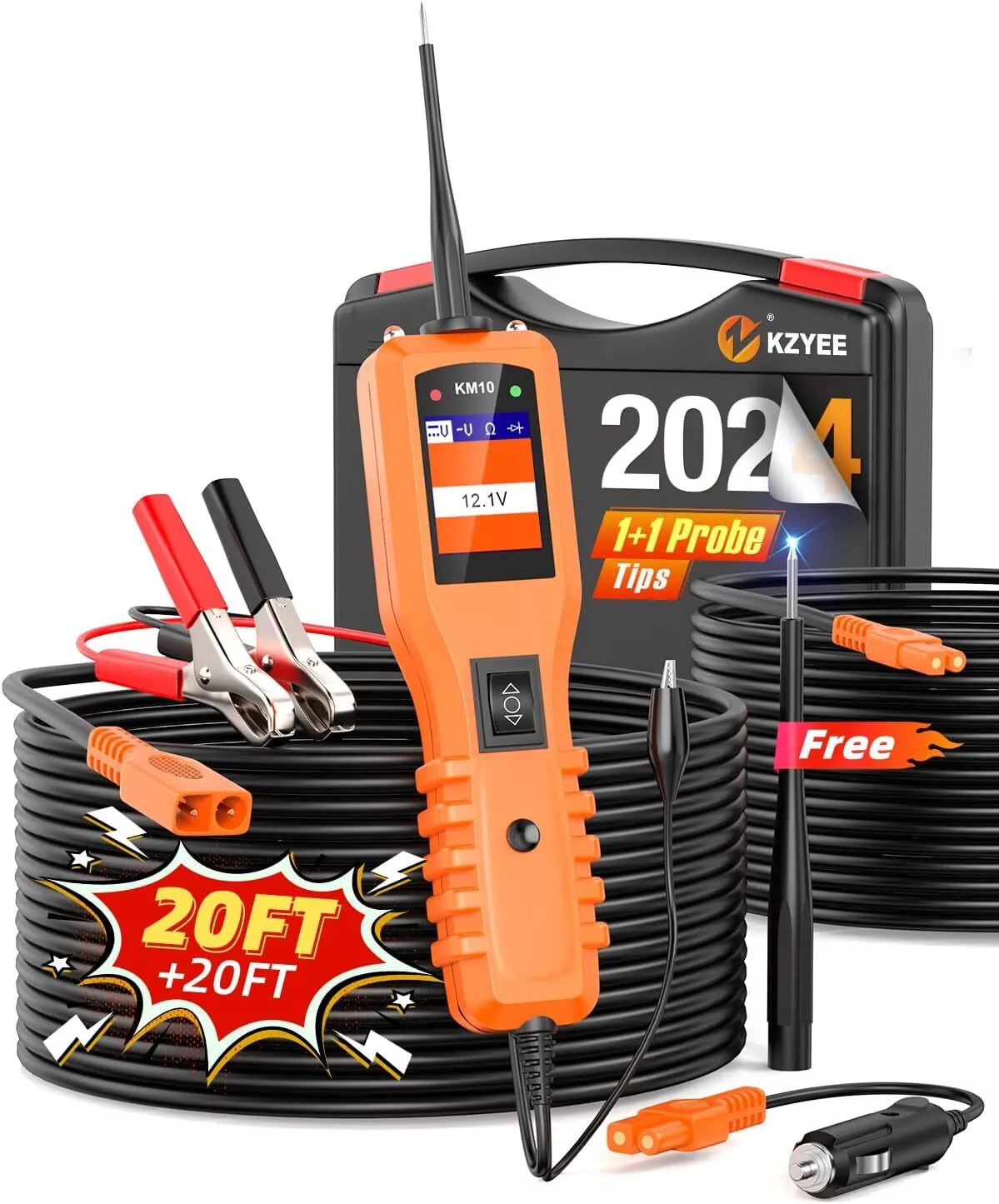 KZYEE KM10 PowerScan Circuit Tester, 12V 24V Automotive Electrical Diagnostic Power Probe Kit, Electrical System Diagnostic Tool, Digital Voltage Tester, Short Finder, 20FT+20FT Cable