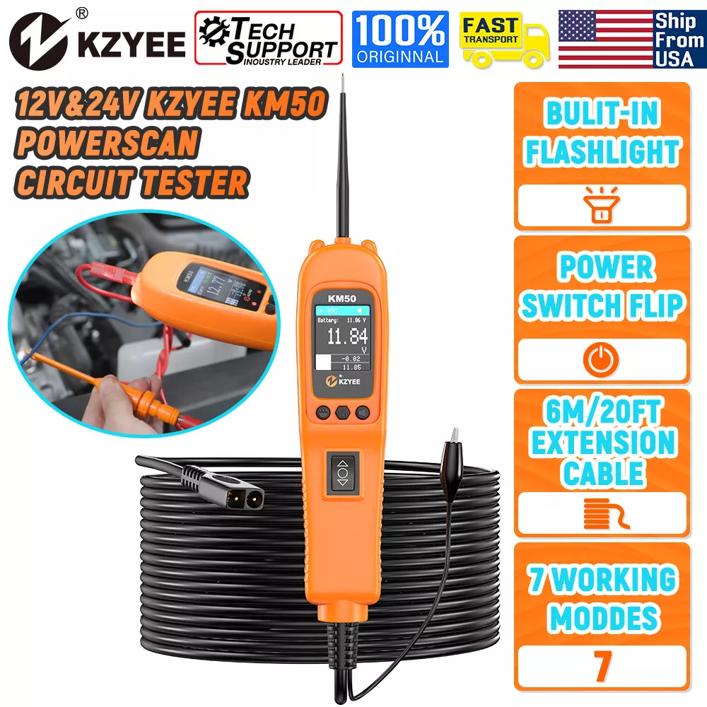 KZYEE KM50 Power Circuit Probe Tester 12V 24V Automotive Circuit Tester AC DC Resistance Digital Voltage Tester Auto Circuit Breaker Resistance Test Signal Circuit Testing Automotive Diagnostic Tool
