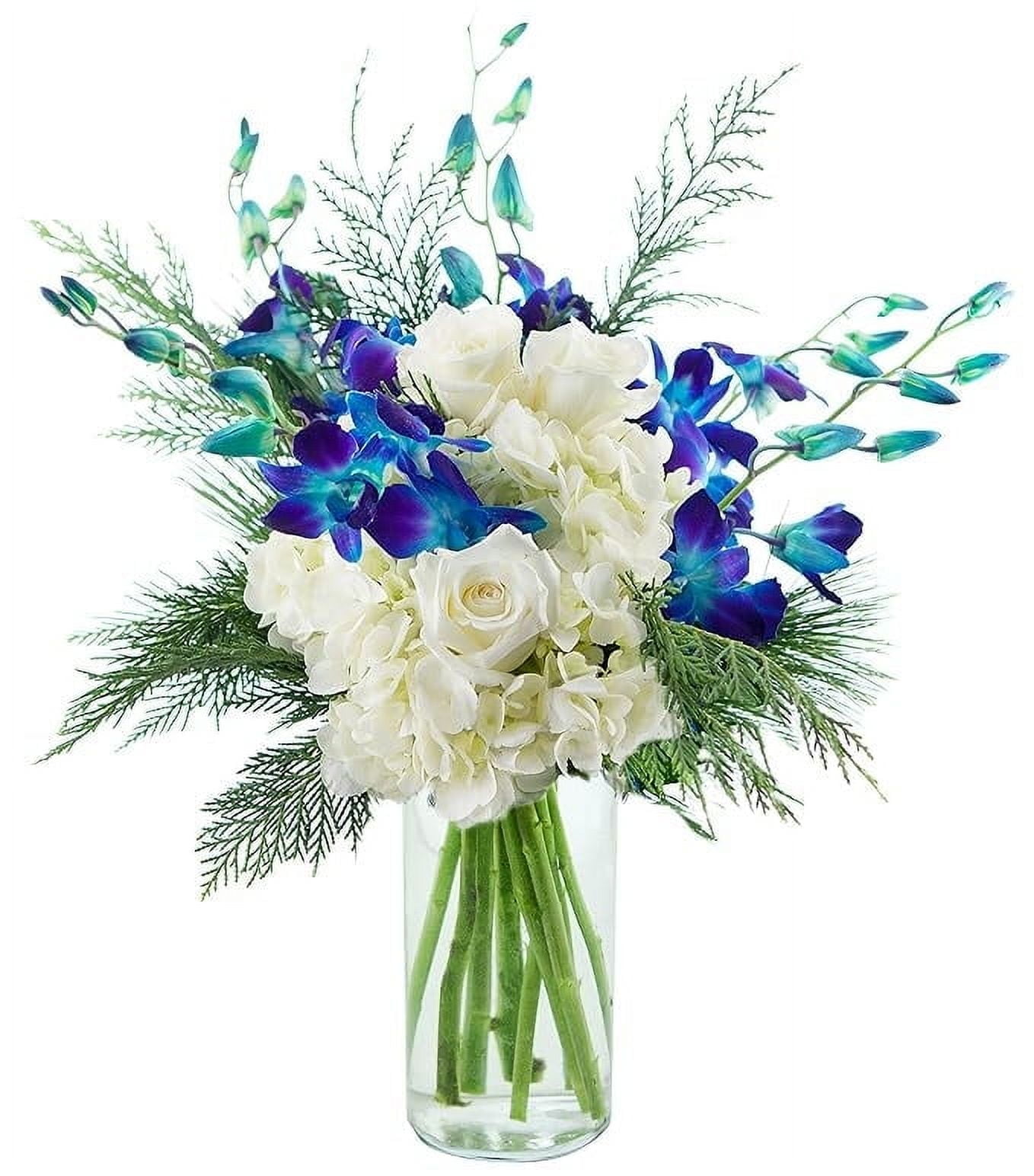 KaBloom : 1 White Hydrangeas, 3 White Roses, 5 Blue Dendrobium Orchids, 6 greens in vase.