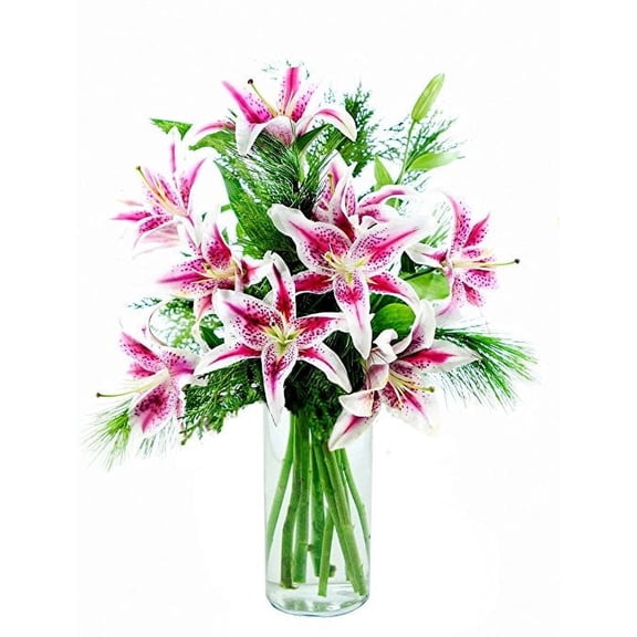 KaBloom : 10 Stargazer Lilies, 6 greens in vase, Next-Day Delivery, Gift for Every Occasion.