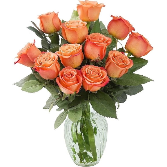 KaBloom : 12 Orange Roses, 3 Greens, and Vase, Next-Day Delivery, Gift for Every Occasion.
