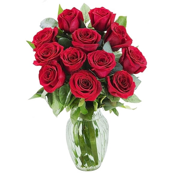 KaBloom :12 Red Roses, 3 Greens and Vase, Next-Day Delivery, Gift for Every Occasion.