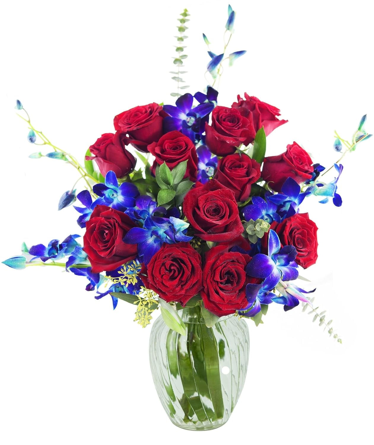 KaBloom : 12 Red Roses, 5 Blue Dendrobium Orchids, 10 greens in vase, Next-Day Delivery.