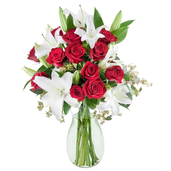 KaBloom: 12 Red Roses, 5 White Oriental Lilies, 3 Greens Next-Day Delivery, Gift for Every Occasion.