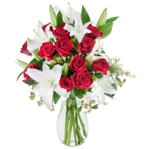 KaBloom : 12 Red Roses, 5 White Oriental Lilies, 6 Greens in vase Next-Day Delivery.