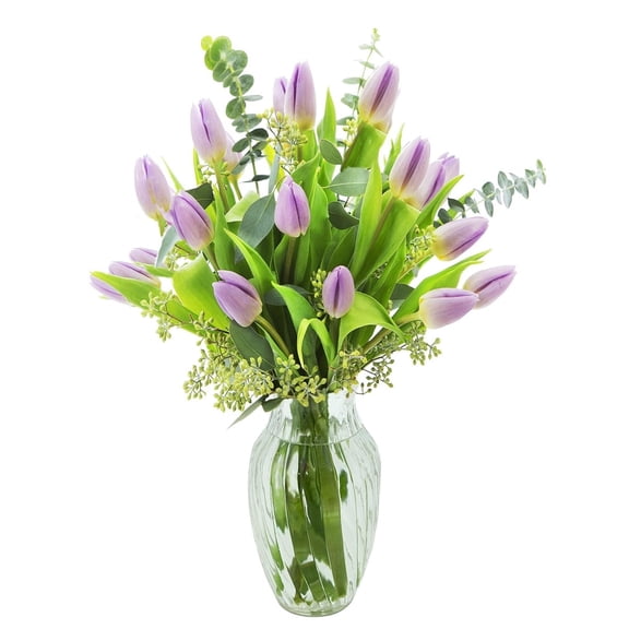 KaBloom: 20 Purple Tulips, 6 Greens with Vase, Next-Day Delivery, Gift for Every Occasion.