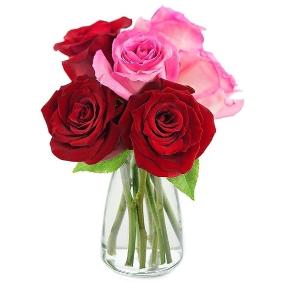 KaBloom : 3 Red Roses, 3 Pink Roses, 3 Greens in Vase, Next-Day Delivery, Gift for Every Occasion.