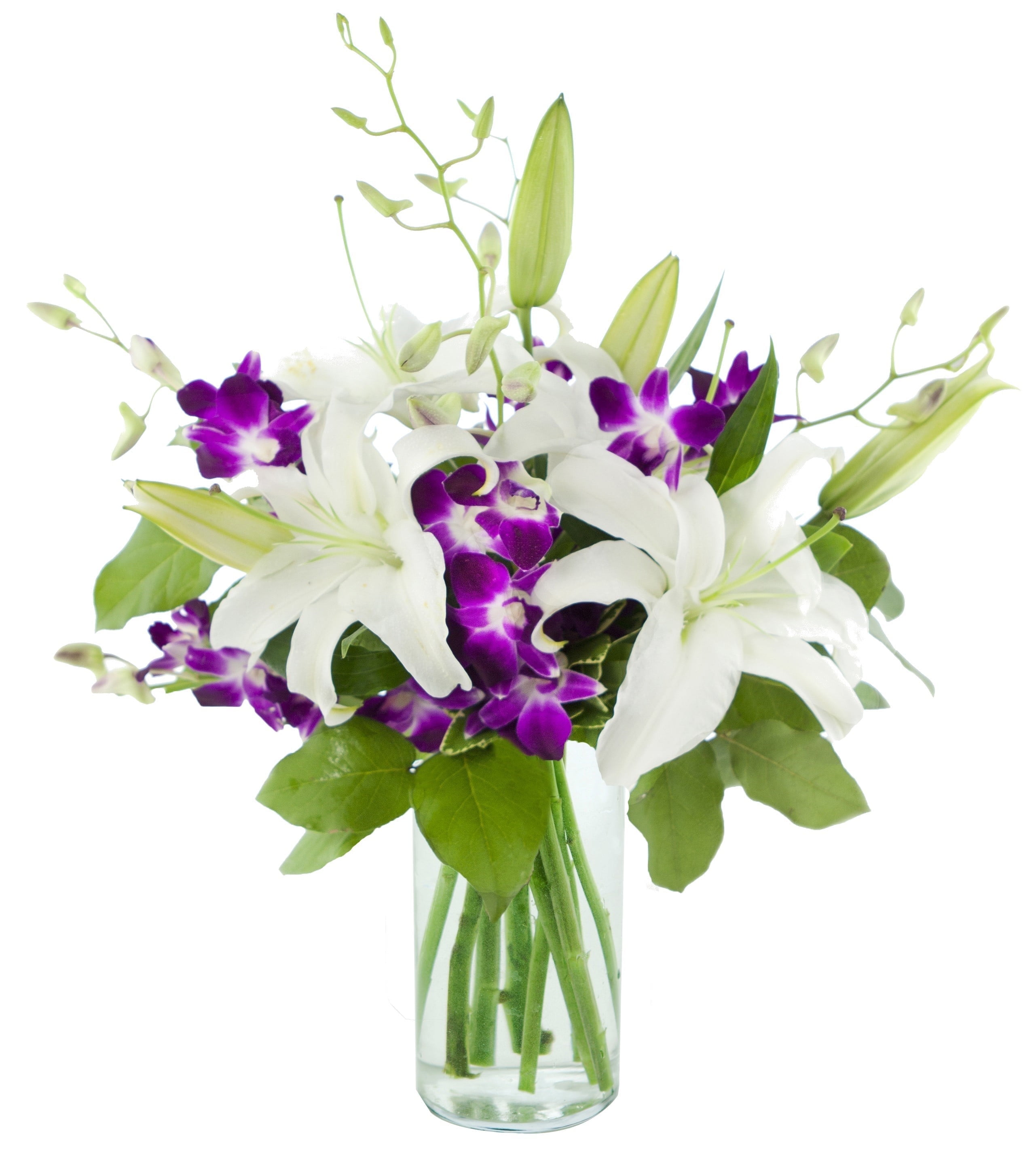 KaBloom : Bouquet of Fresh 3 White Oriental lily and 5 Purple Orchid with Vase, Gift for all occasions