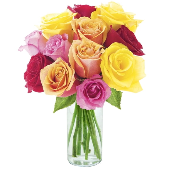 KaBloom : 4 Orange, 4 Pink, 4 Rainbow Roses with vase, Next-Day Delivery, Gift for Every Occasion.