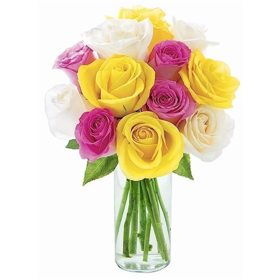 KaBloom : 4 Pink, 4 Yellow, and 4 White Roses in Vase, Next-Day Delivery, Gift for Every Occasion.