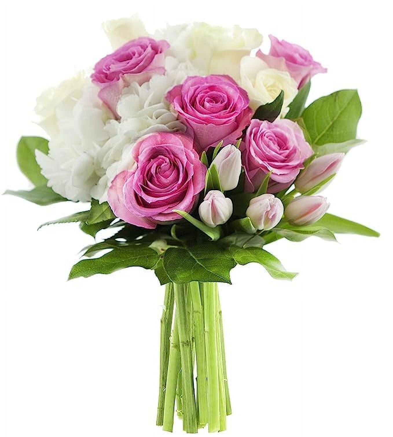 KaBloom : 5 Pink Roses, 4 White Roses, 5 Pink Tulips, 1 White Hydrangeas, 3 greens without Vasevase.
