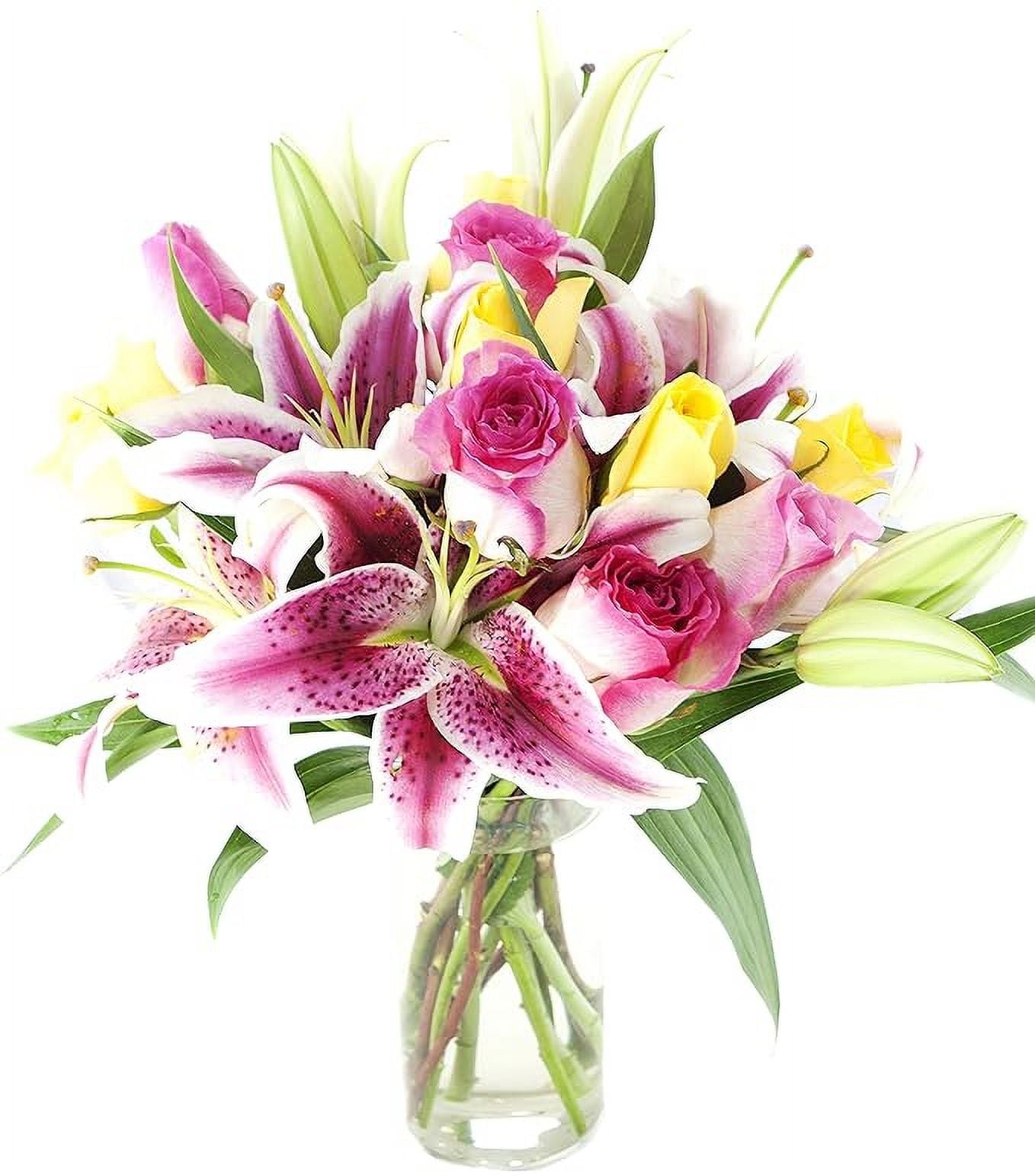 KaBloom : 5 Pink Roses, 5 Yellow Roses, 5 Stargazer Lilies, and Vase, Next-Day Delivery.