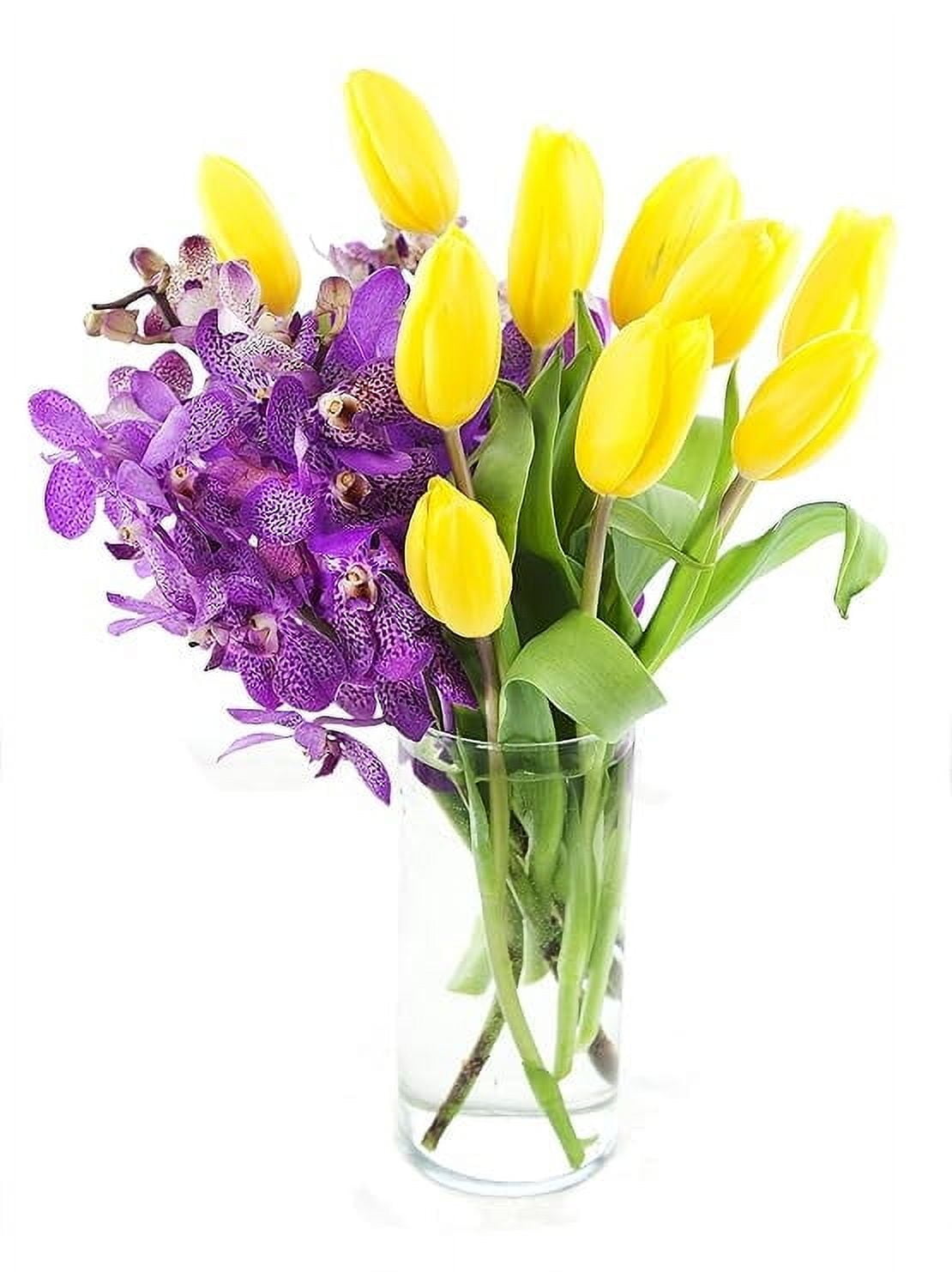 KaBloom : 5 Purple Mokara Orchids, 10 Yellow Tulips in Vase, Next-Day Delivery.